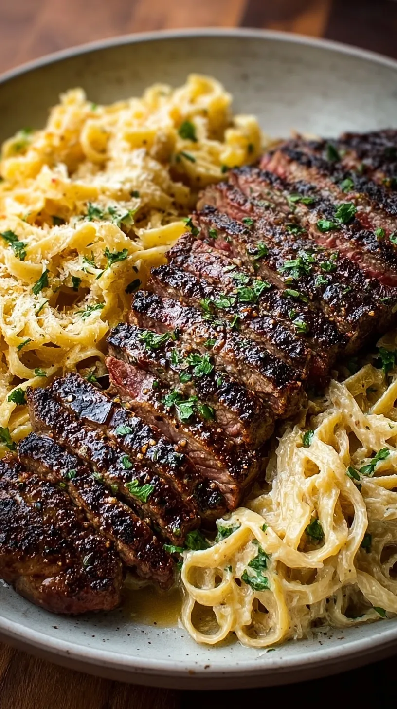 Sliced garlic butter steak served over a bed of creamy parmesan fettuccine pasta