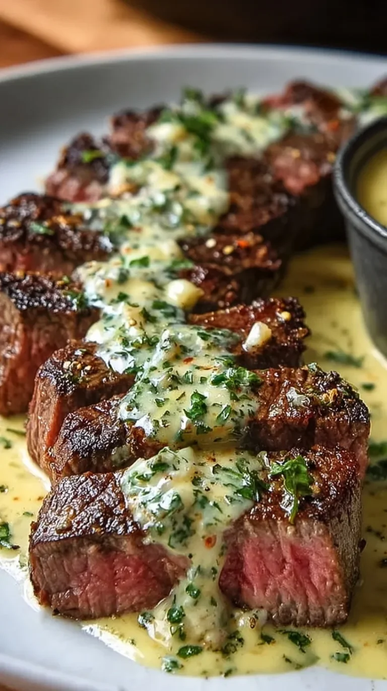 Pan-seared Garlic Butter Steak sliced on a board with creamy Parmesan sauce