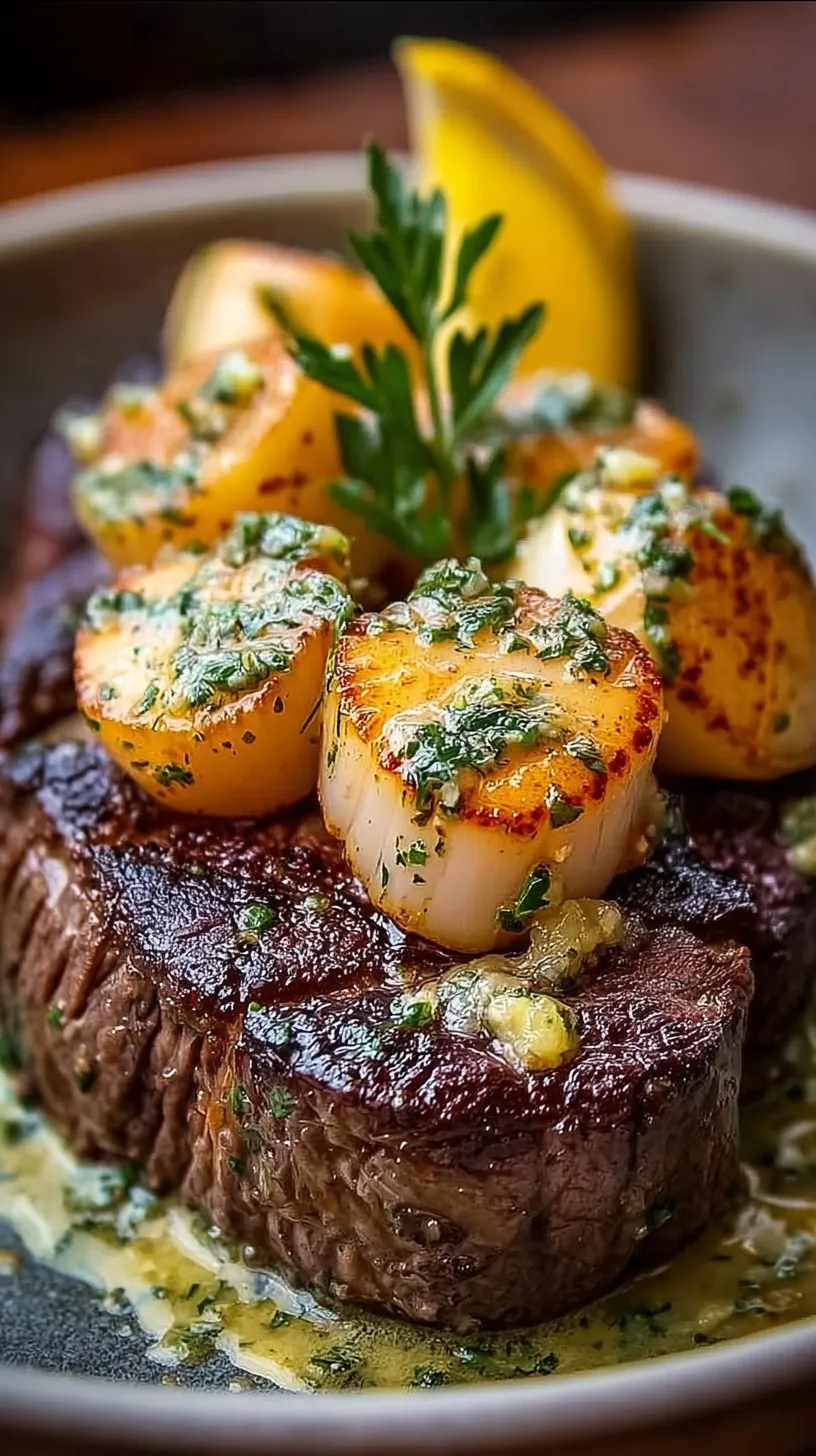 Pan-seared beef tenderloin fillets and golden sea scallops basted with garlic herb butter in a cast iron skillet