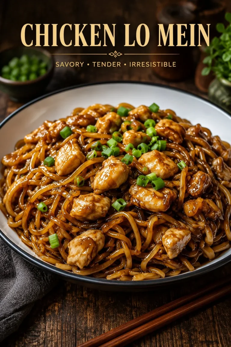 Delicious Garlic Chicken served with veggies and Lo Mein noodles