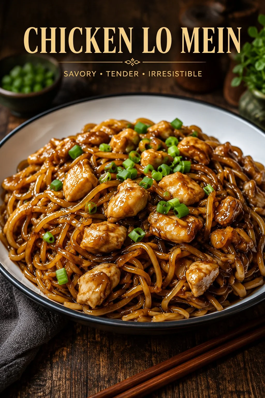 Delicious Garlic Chicken served with veggies and Lo Mein noodles