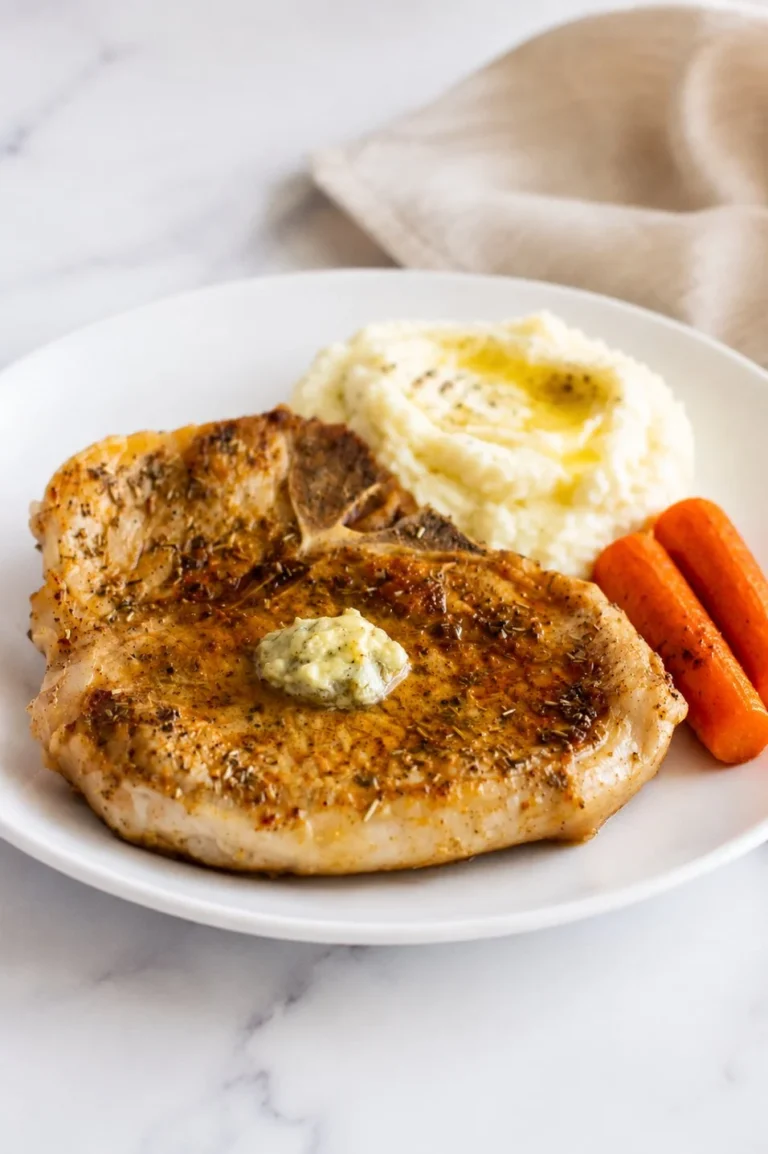 Garlic Herb Baked Pork Chops on a plate with herbs garnish
