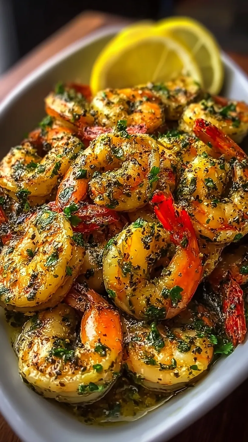 Sizzling garlic herb butter shrimp in a skillet with lemon slices and fresh parsley