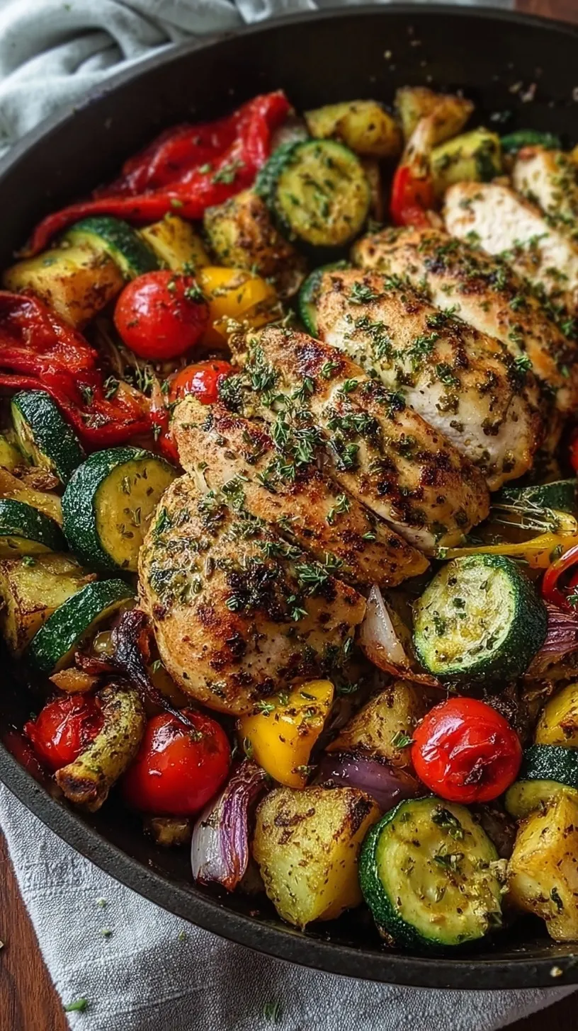 A cast iron skillet filled with roasted chicken cubes, golden potatoes, carrots, and green broccoli florets.