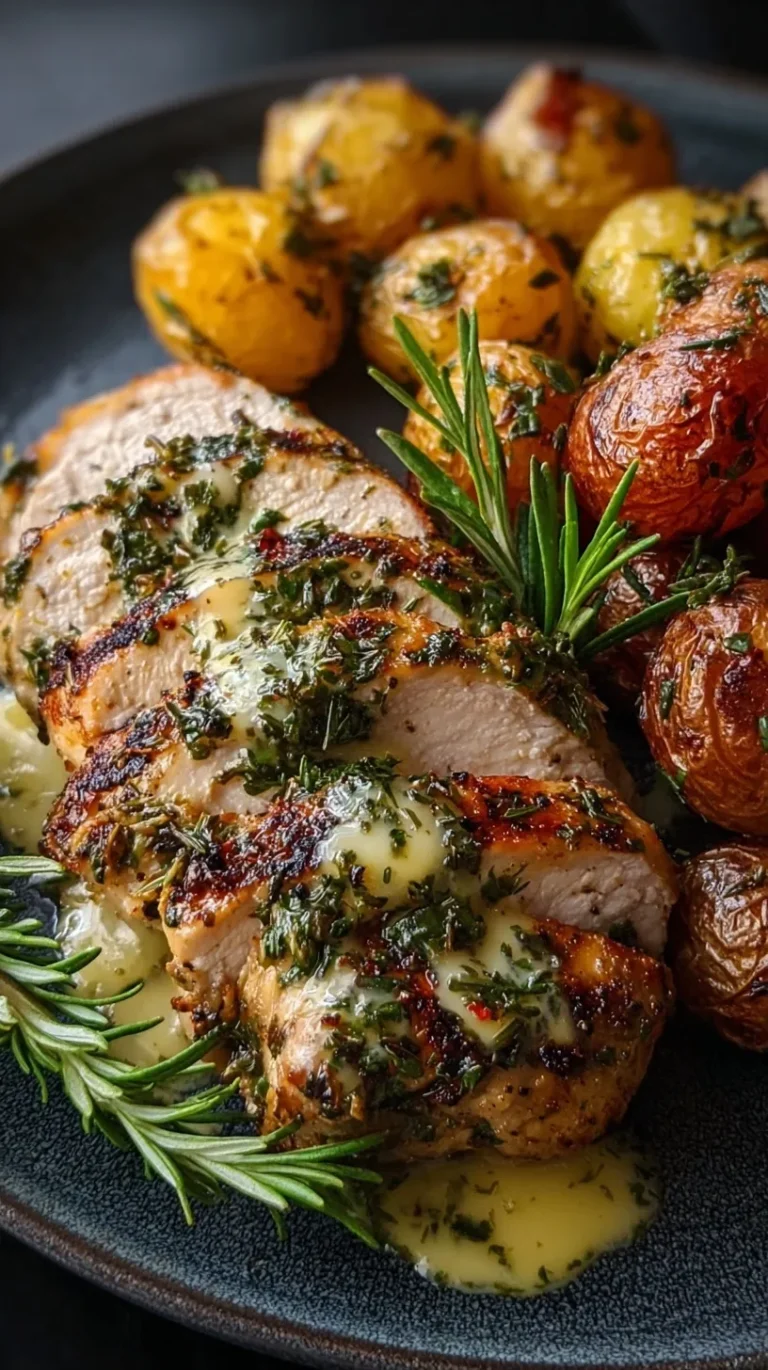 Golden brown garlic herb chicken thighs with crispy roasted baby potatoes and lemon slices on a sheet pan.