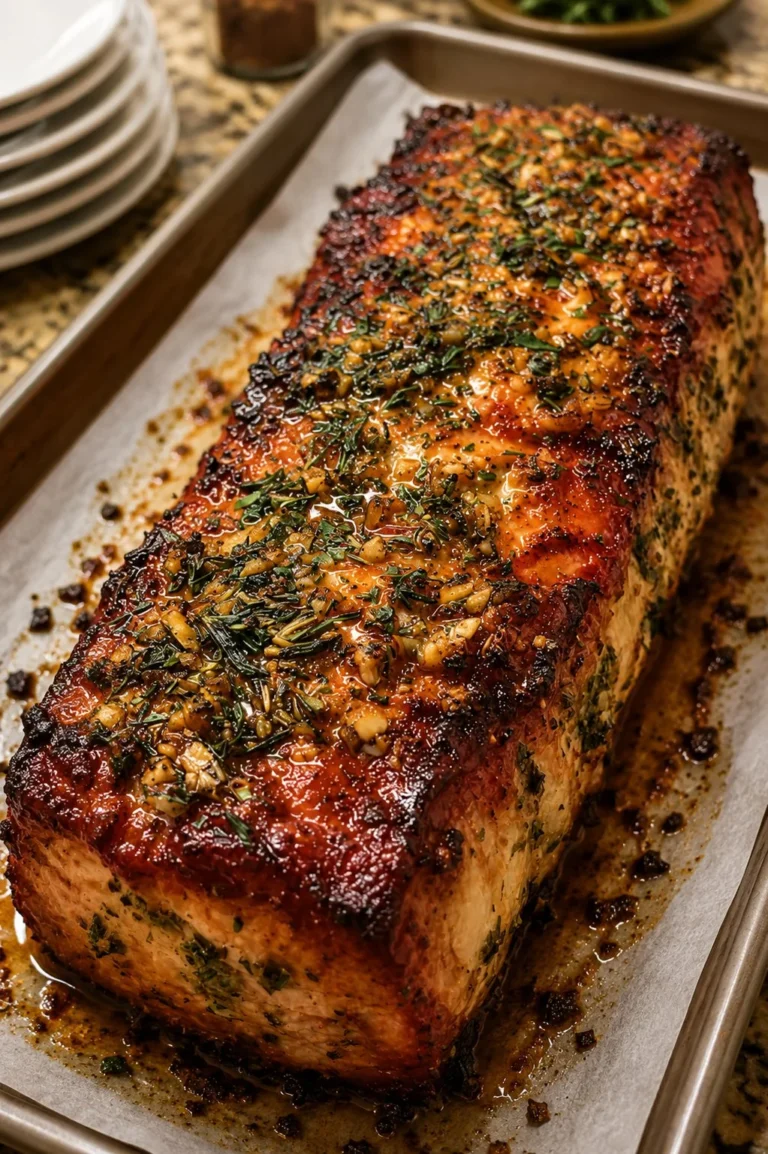 Garlic Herb Pork Loin garnished with fresh herbs ready to serve.