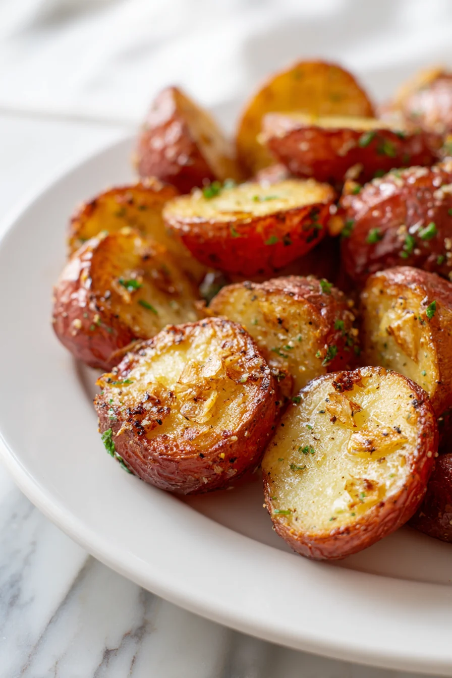 Close-up of garlic and herb roasted red potatoes with crisp golden edges