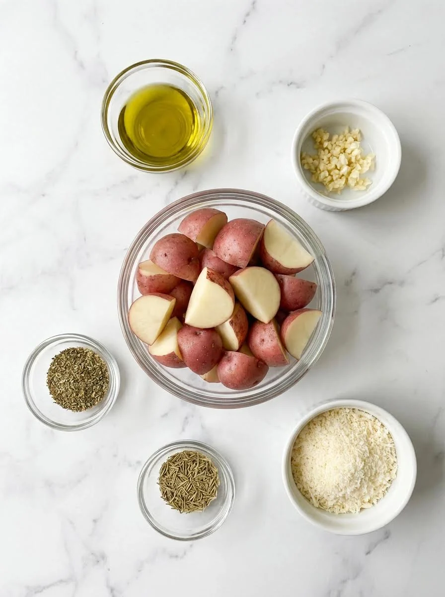 Ingredients for roasted red potatoes: potatoes, olive oil, garlic, herbs and Parmesan