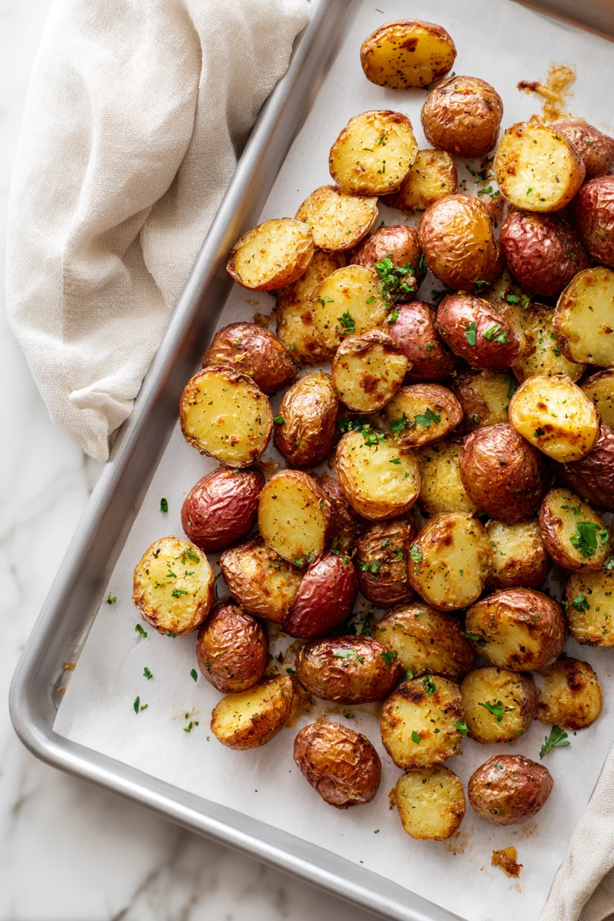 Golden roasted red potatoes on a baking sheet after cooking