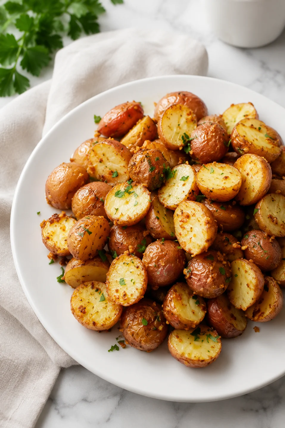 Garlic and herb roasted red potatoes served on a white plate
