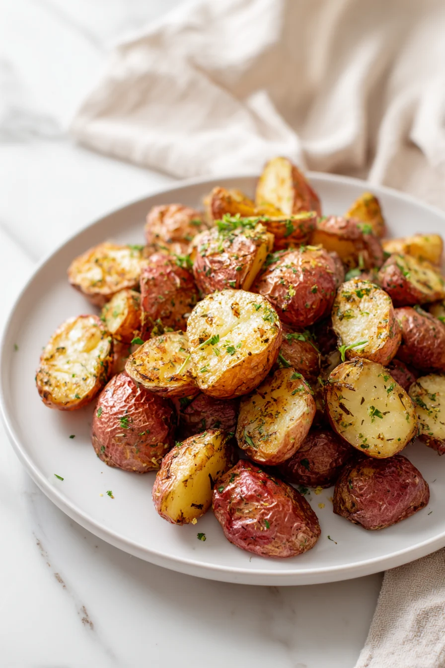 Finished roasted red potatoes garnished with fresh parsley