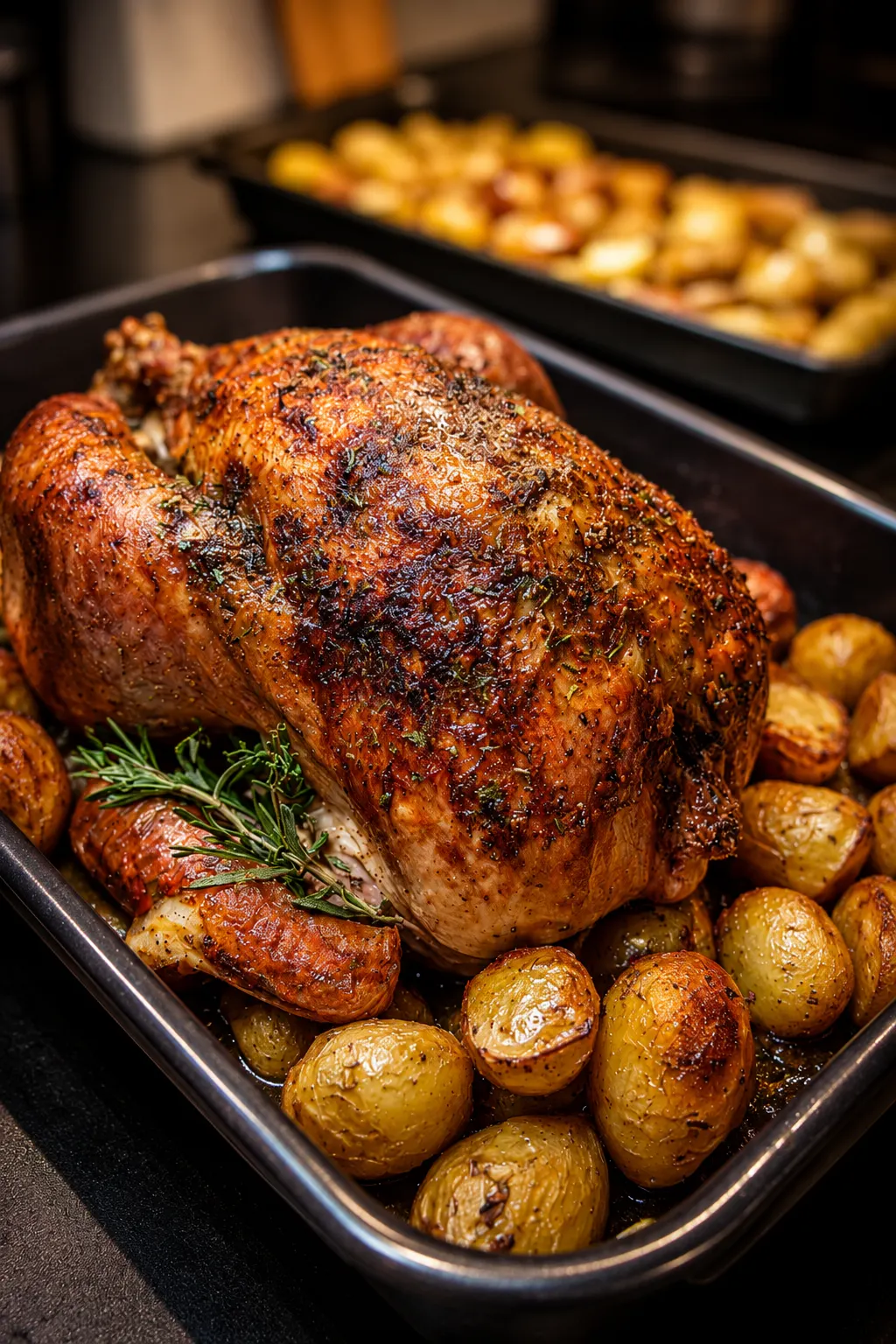 Garlic herb roast chicken with crispy skin and roasted baby potatoes