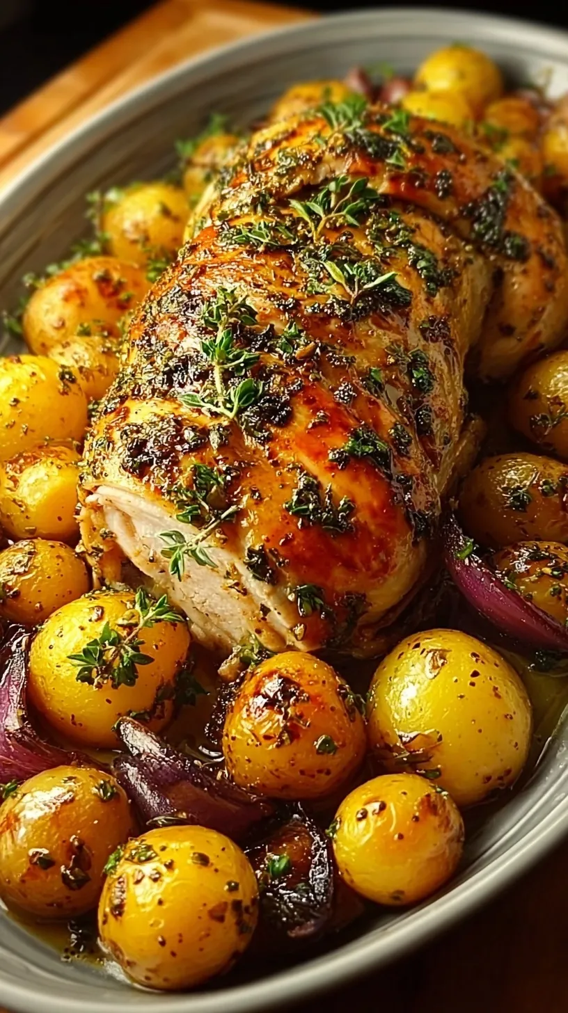 A whole roasted garlic herb chicken surrounded by golden baby potatoes in a roasting pan