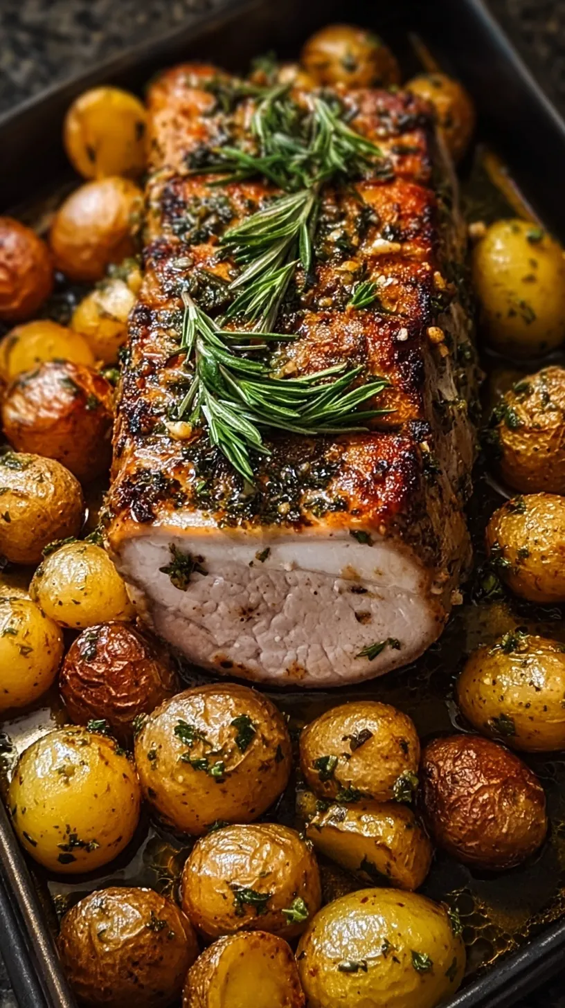 A sliced garlic herb roasted pork loin on a sheet pan surrounded by golden baby potatoes.