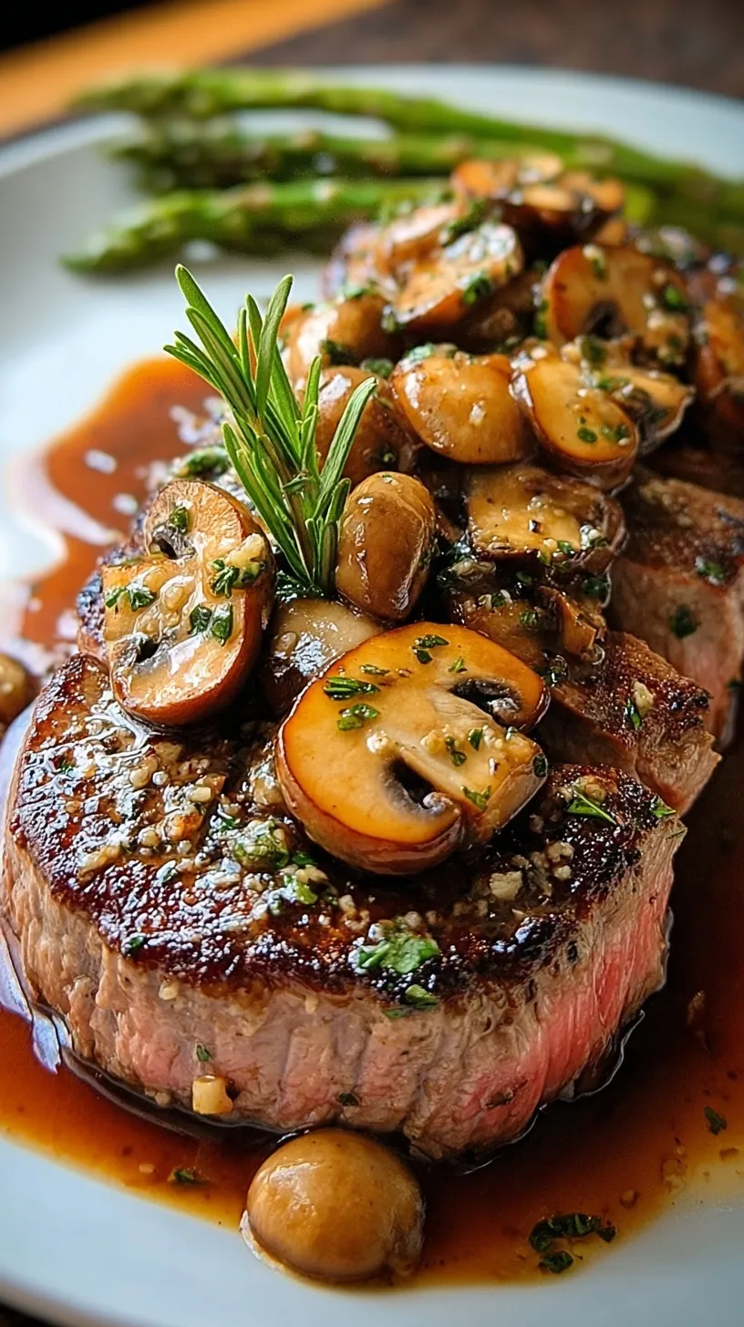 Pan-seared Garlic Herb Steak topped with a rich cremini mushroom wine sauce in a cast iron skillet.