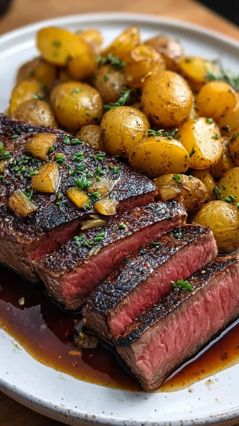 Sliced garlic herb steak with crispy roasted potato wedges on a plate.