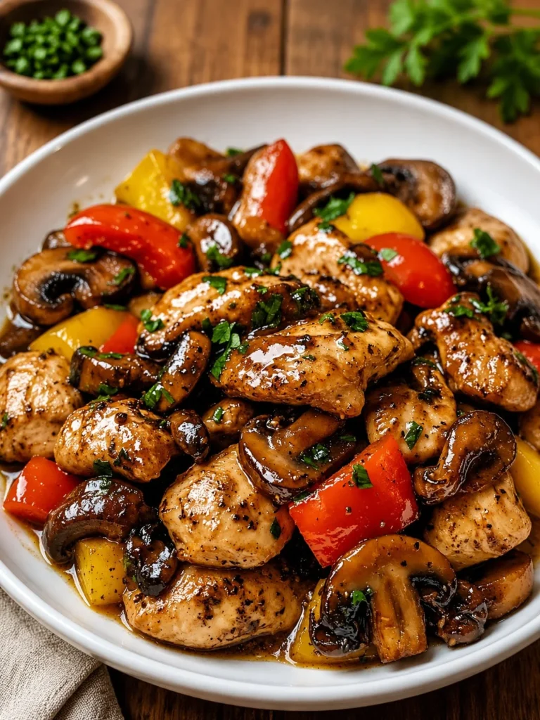Delicious garlic mushroom chicken stir-fry in a colorful bowl
