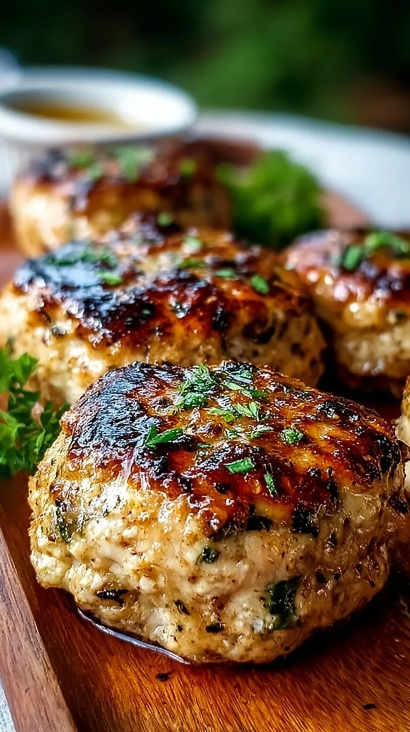 Four individual golden-brown chicken meatloaves on a baking sheet with parsley garnish