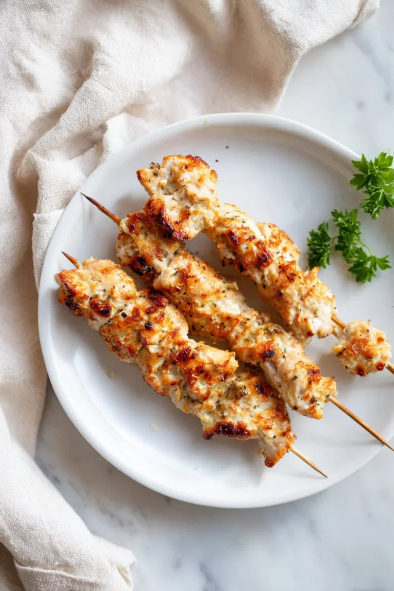Garlic Parmesan Chicken Skewers garnished with herbs on a grill plate
