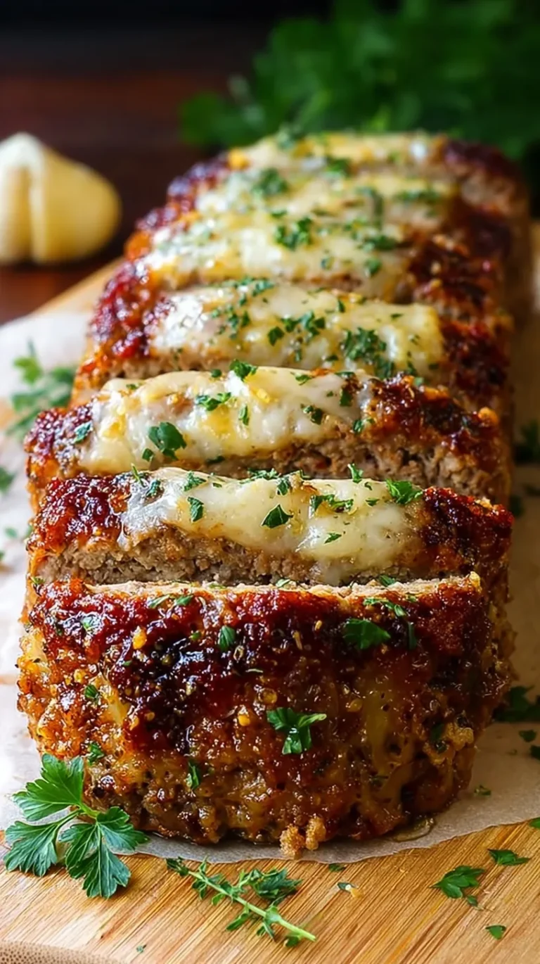 A sliced Garlic Parmesan Pork Meatloaf on a wooden board with fresh parsley