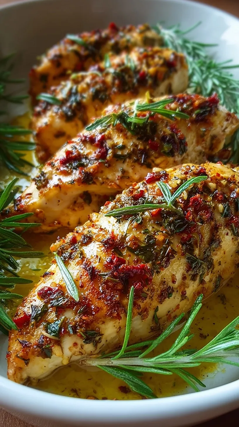 Juicy baked chicken breasts seasoned with fresh rosemary and garlic in a baking dish.
