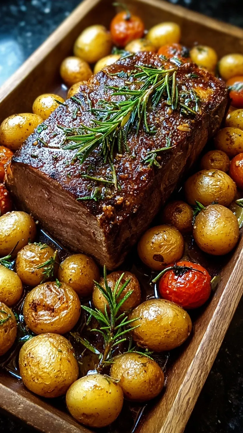Slices of garlic rosemary roast beef served with golden roasted baby potatoes in a pan.