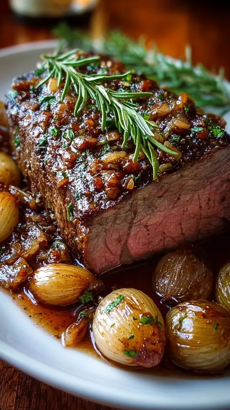 Sliced garlic rosemary roast beef on a platter with caramelized shallots and herb garnish