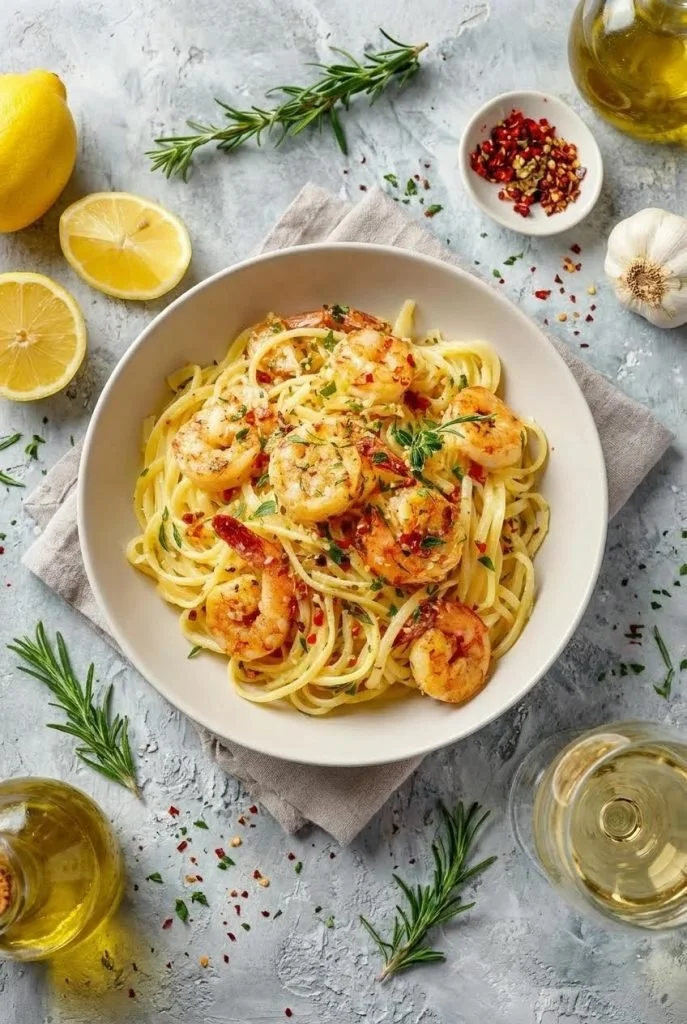 Plate of Garlic Shrimp Pasta garnished with parsley and lemon slices