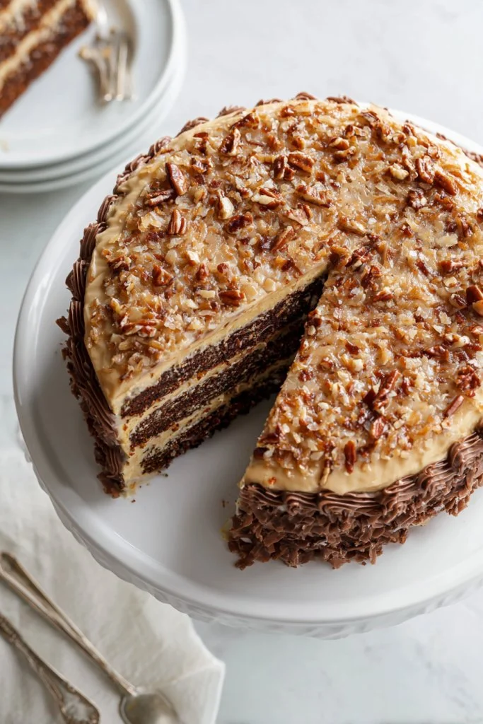 Homemade German Chocolate Cake with coconut and pecan frosting on a plate.