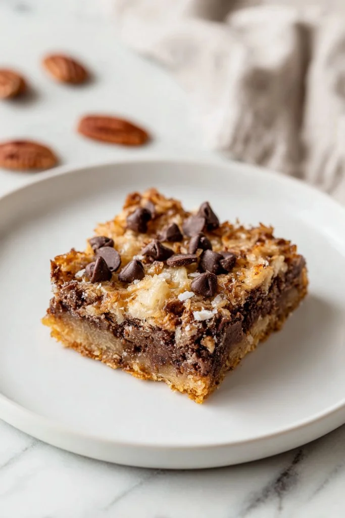 Delicious German Chocolate Pan Chewies topped with coconut and pecans