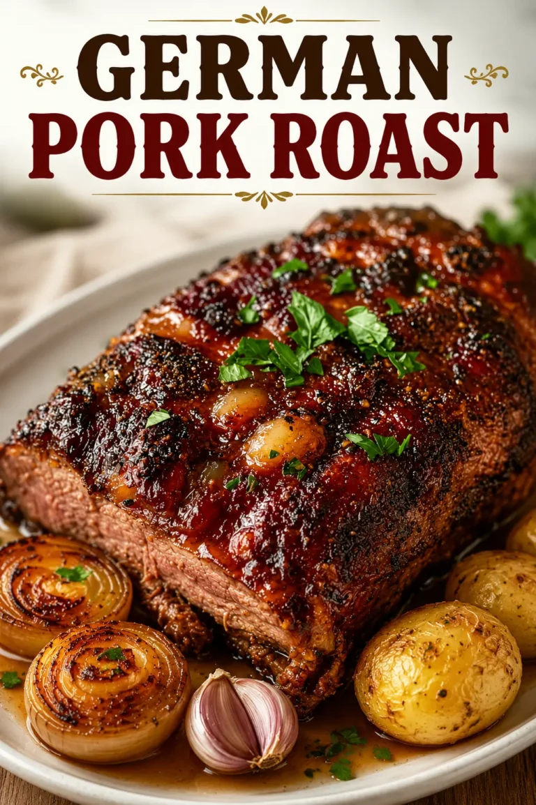 Traditional German Pork Roast served with roasted onions, garlic, potatoes, and rich gravy.