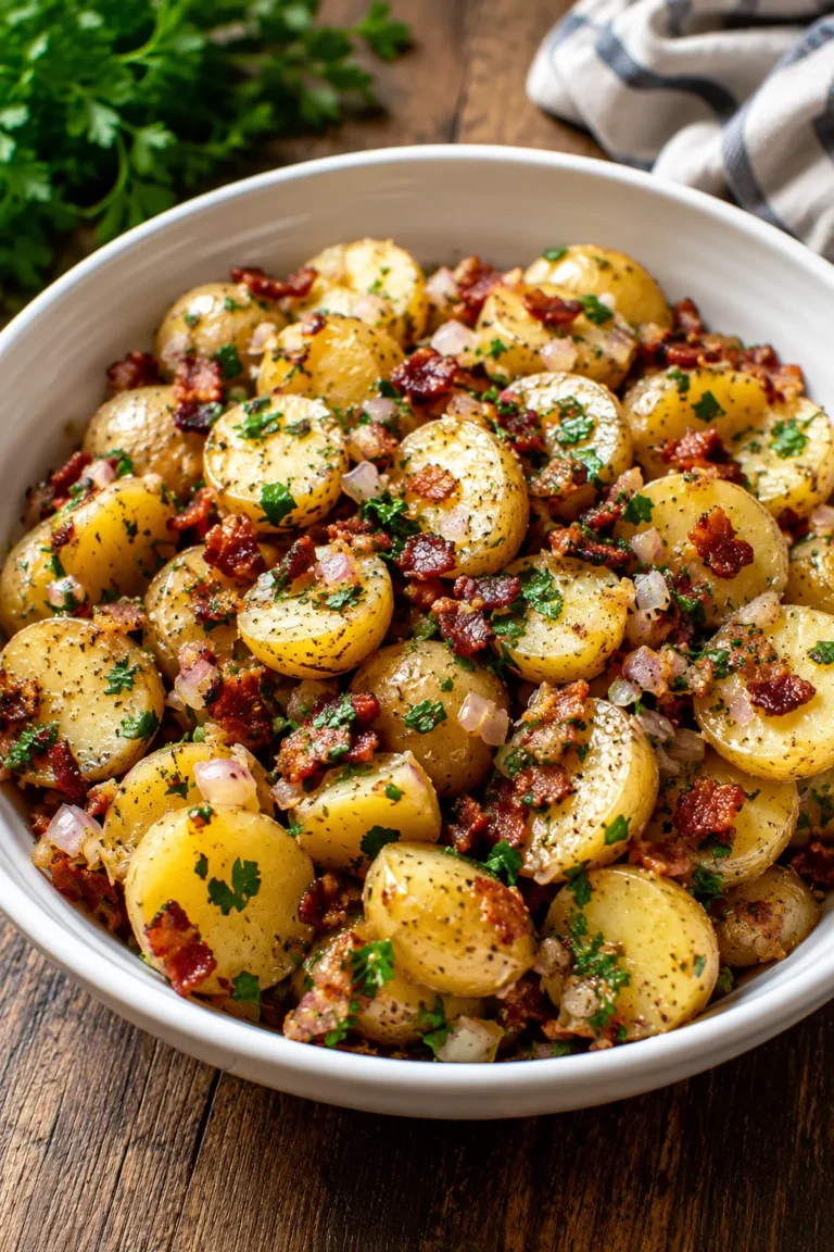 German potato salad recipe with baby potatoes, crispy bacon, onions, parsley, and a warm tangy vinegar dressing.