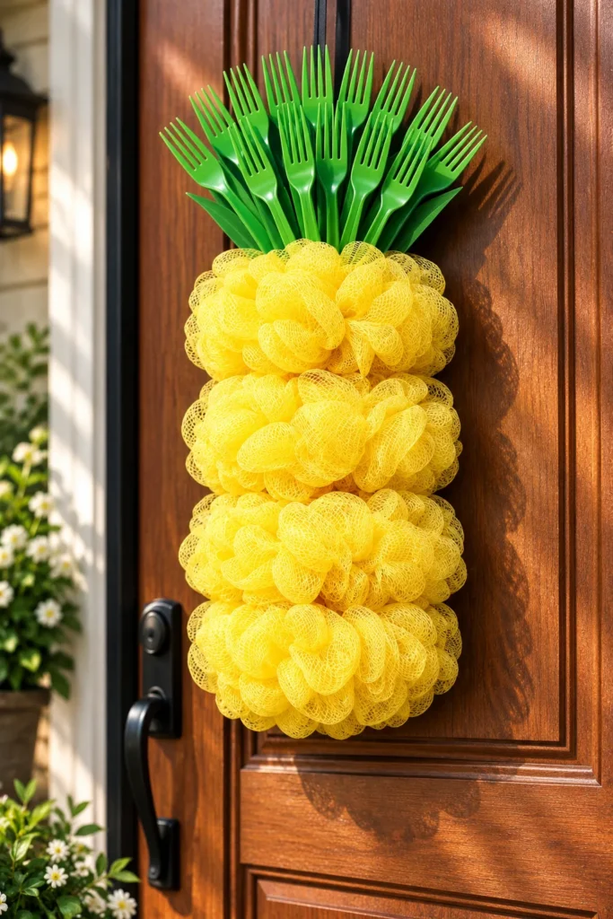 Yellow loofahs and green plastic forks for a giant pineapple door hanger