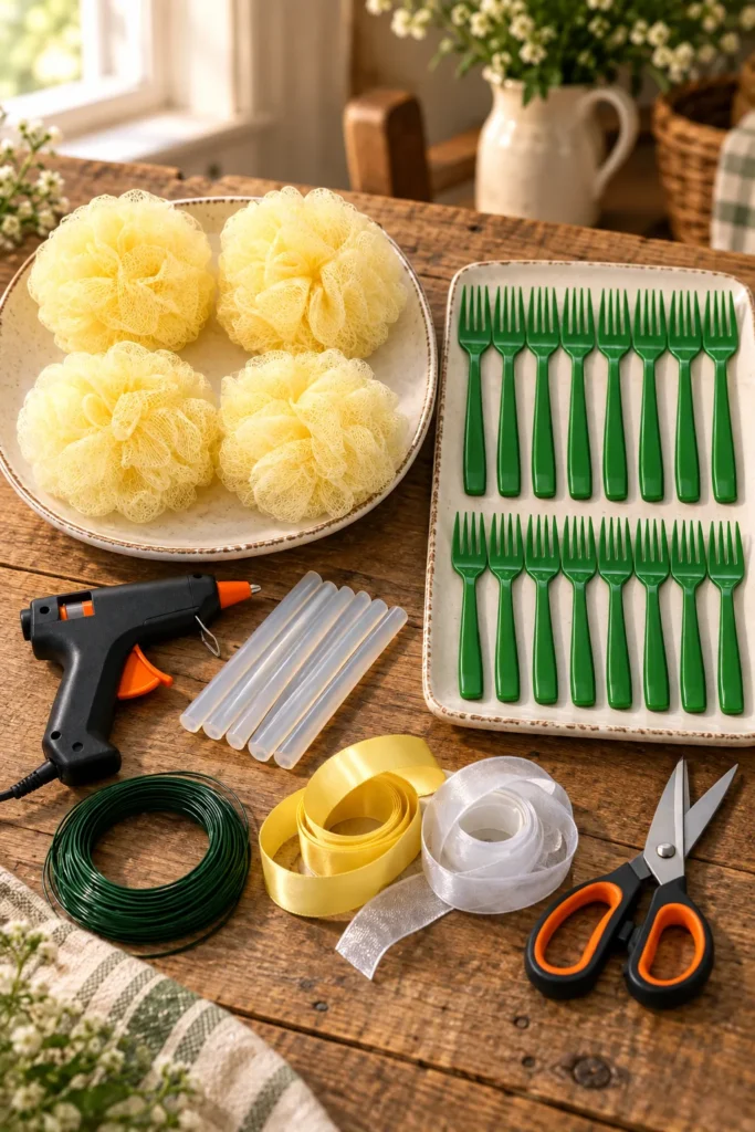 Yellow loofahs and green plastic forks for a giant pineapple door hanger