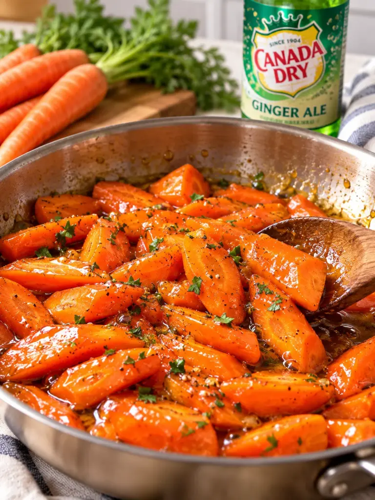 Ginger ale glazed carrots simmering in a skillet with a sweet, buttery glaze, fresh parsley, and a bottle of ginger ale in the background.