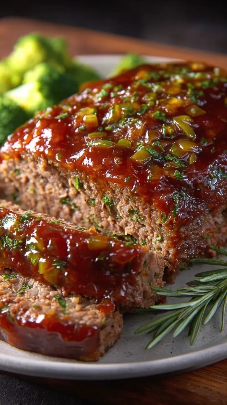 A sliced Glazed Herb Beef Meatloaf on a serving platter with fresh parsley garnish.