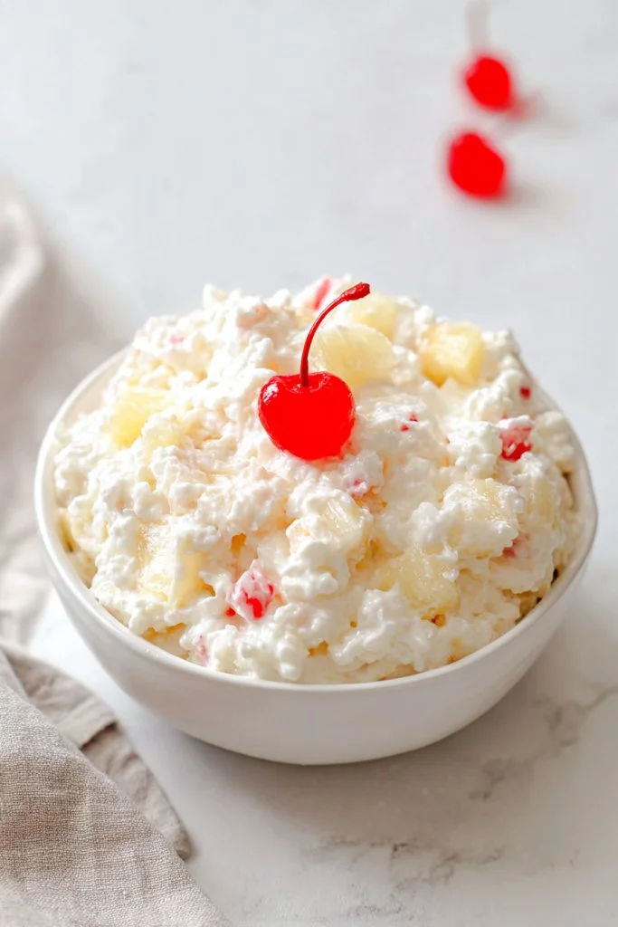 Bowl of Glorified Rice with fruits and marshmallows