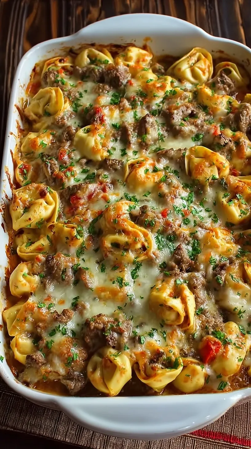 A bubbly Golden Cheese Steak Tortellini Casserole topped with melted provolone cheese and sliced steak.