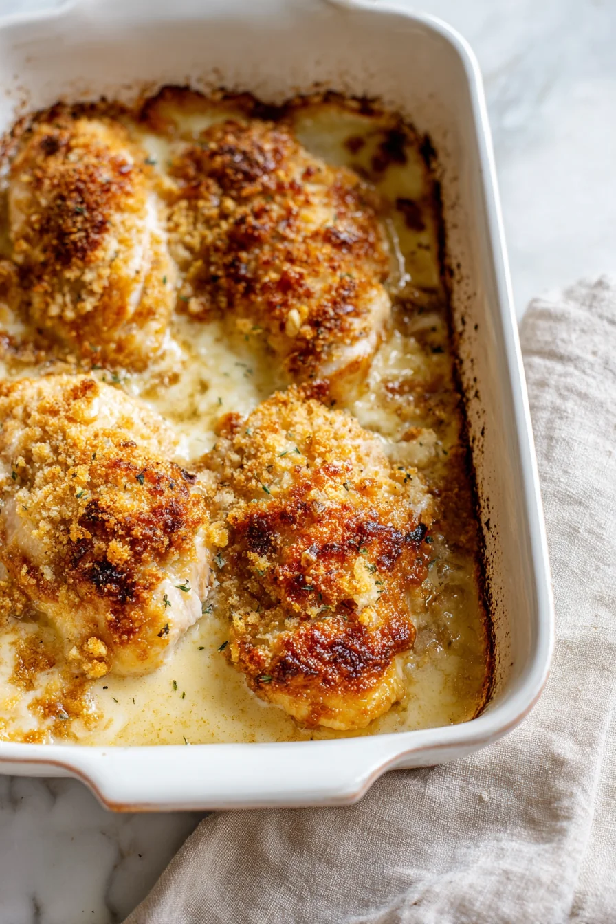 Golden chicken portions arranged in a white baking dish