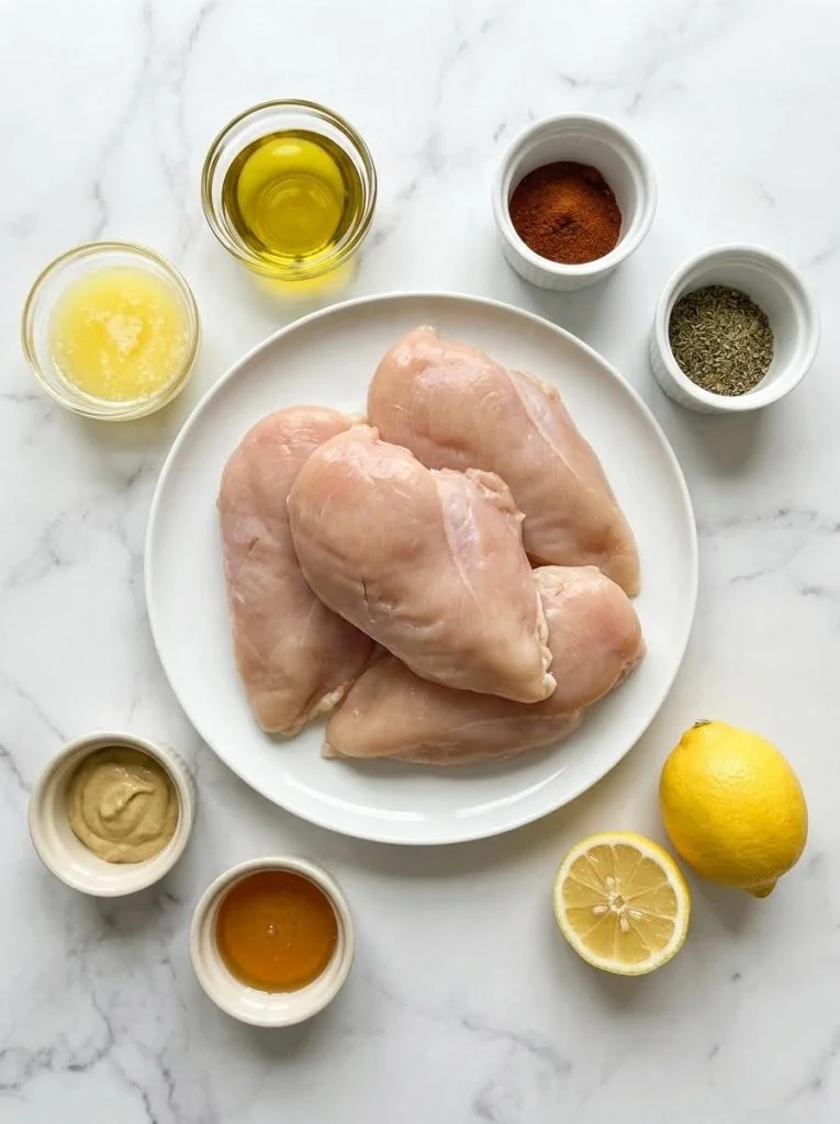 Raw chicken breasts and assorted seasonings arranged on a work surface