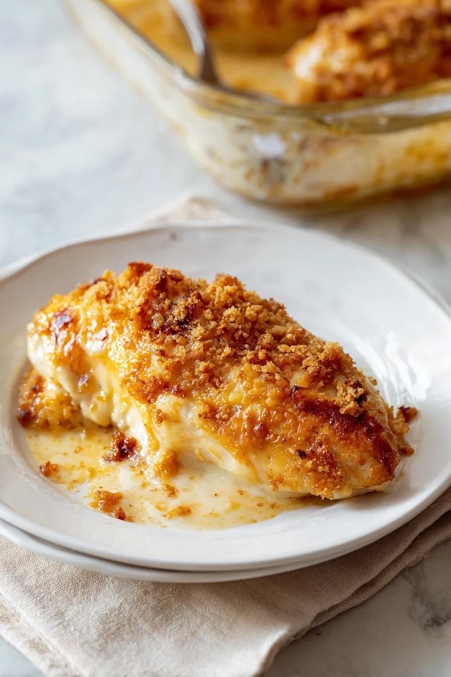 A serving of baked chicken on a plate beside its baking dish