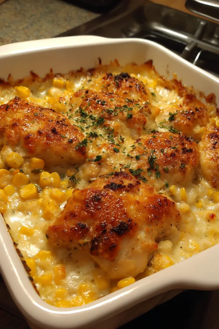 A vertical, high-angle close-up of a white square ceramic baking dish filled with a creamy chicken and corn casserole. Four golden-brown, seasoned chicken pieces are nestled in a bubbling sauce of yellow corn kernels and melted white cheese. The top is garnished with dried herbs and shows appetizing toasted cheese edges around the rim of the dish.