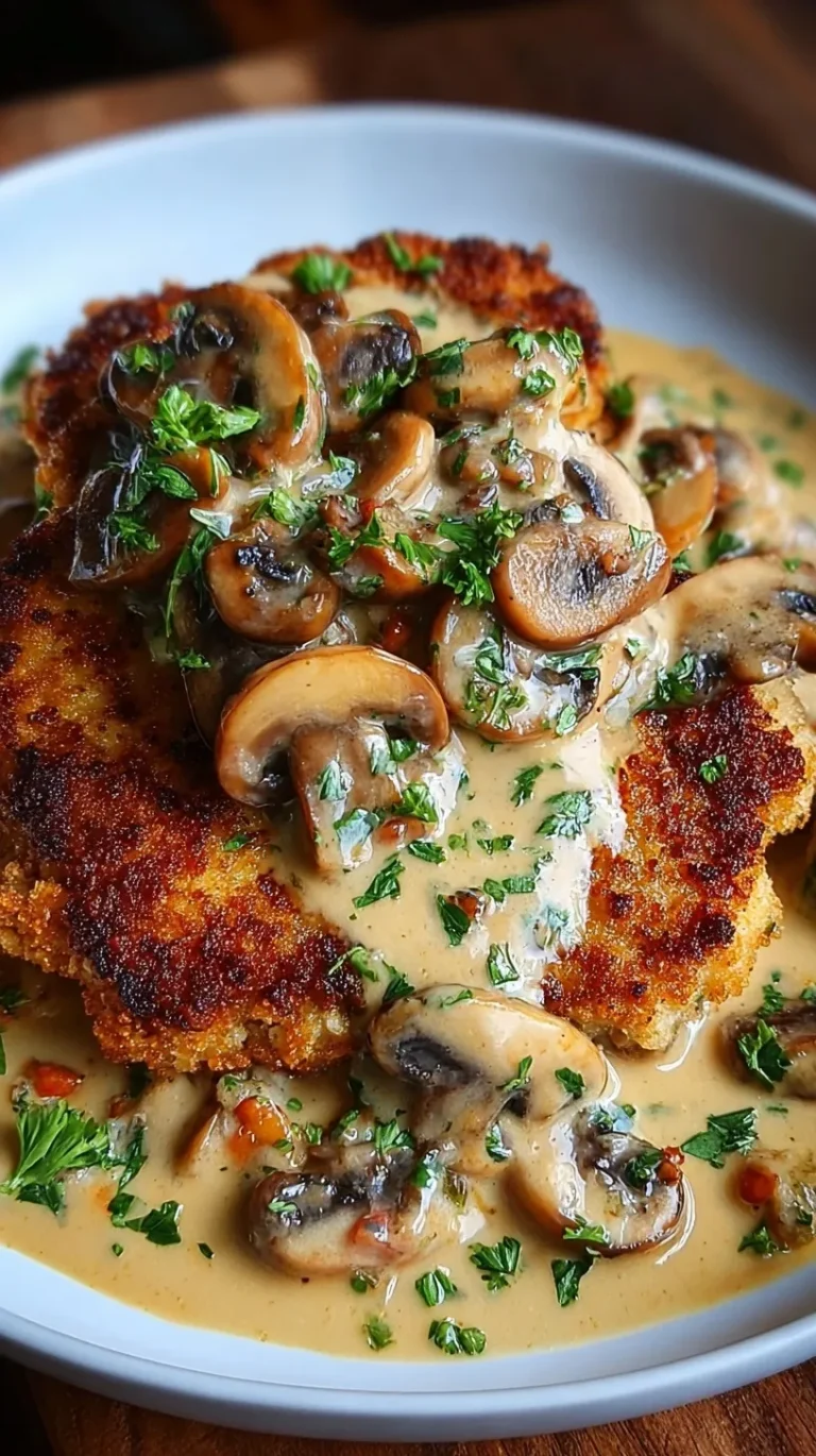 Pan-seared golden chicken breasts in a creamy mushroom and parmesan sauce with fresh thyme.