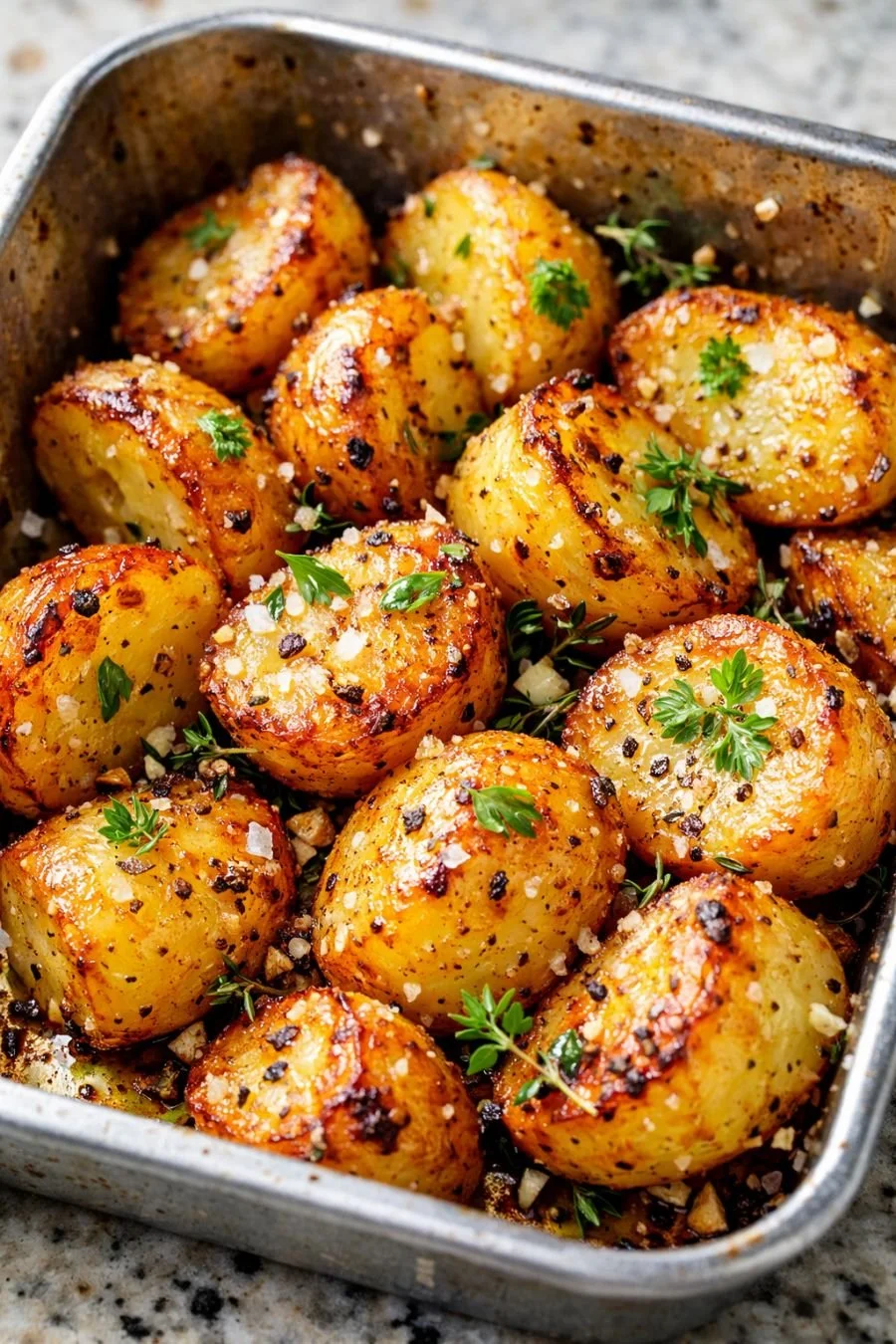 Golden Duck Fat Roasted Potatoes freshly baked for a crispy finish