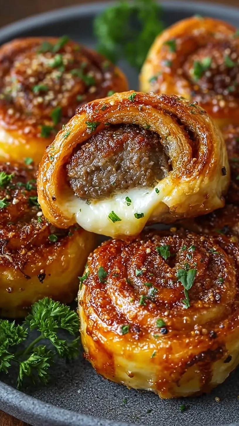 Golden brown cheeseburger rollups glazed with garlic butter on a baking sheet