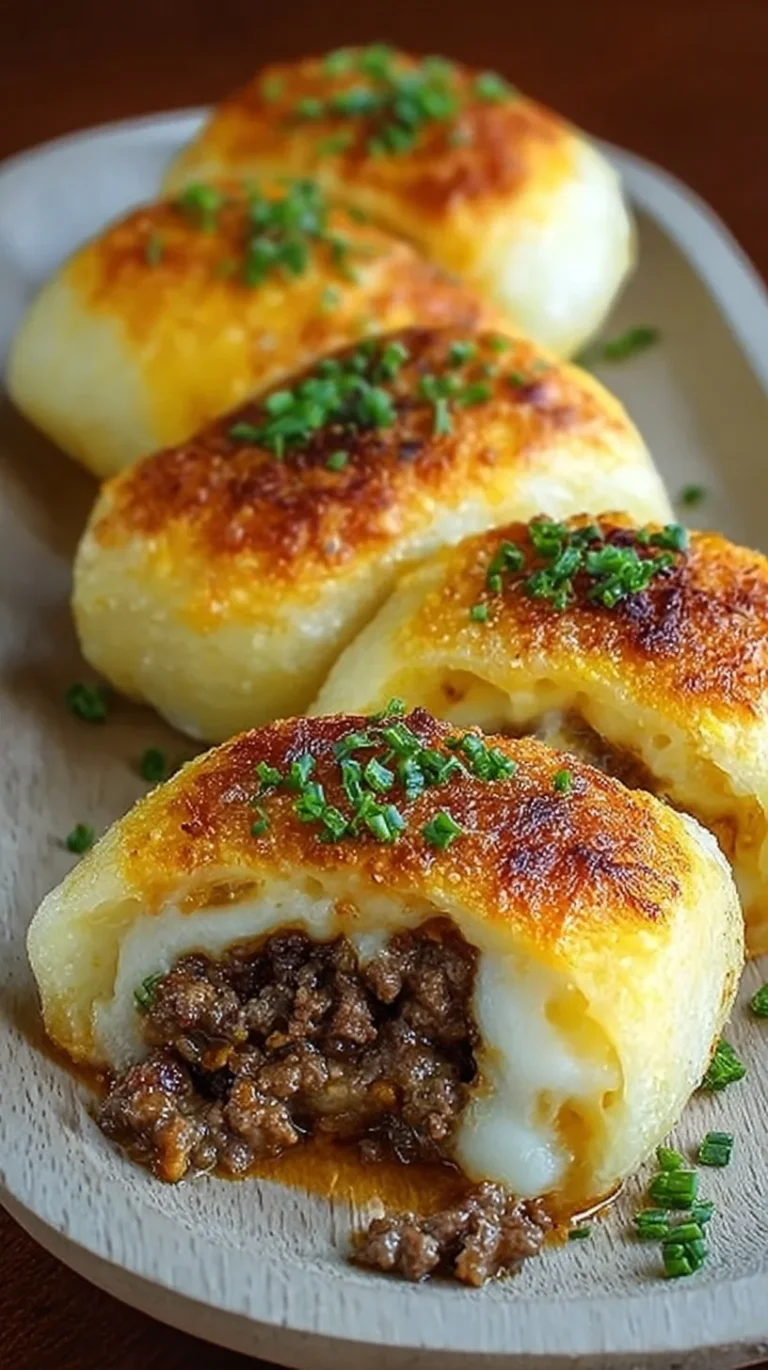 Golden brown potato rolls stuffed with savory beef on a baking sheet