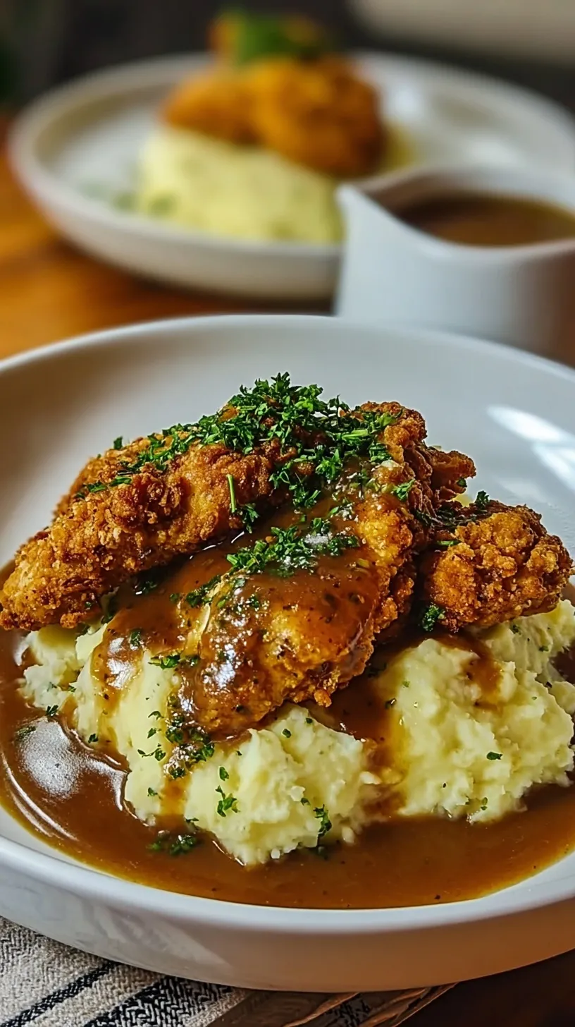 Golden brown fried chicken pieces served next to creamy mashed potatoes and rich country gravy.