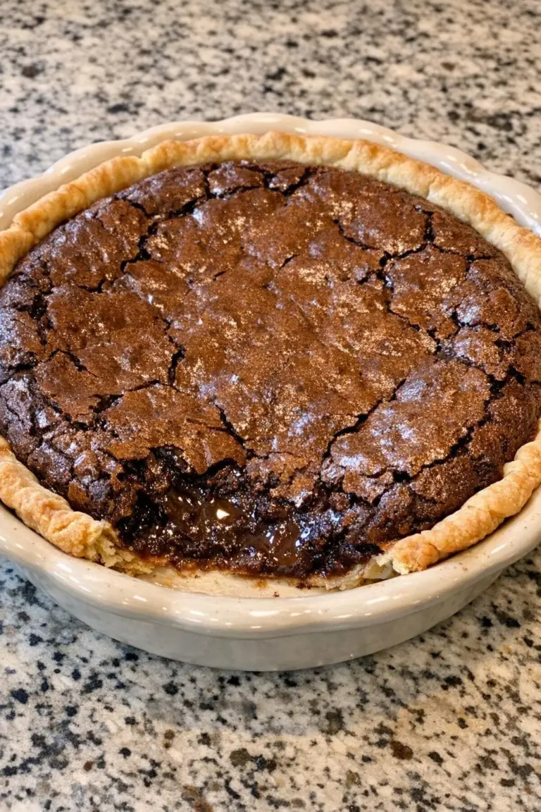 Gooey chocolate brownie pie with a crackled top in a pie dish