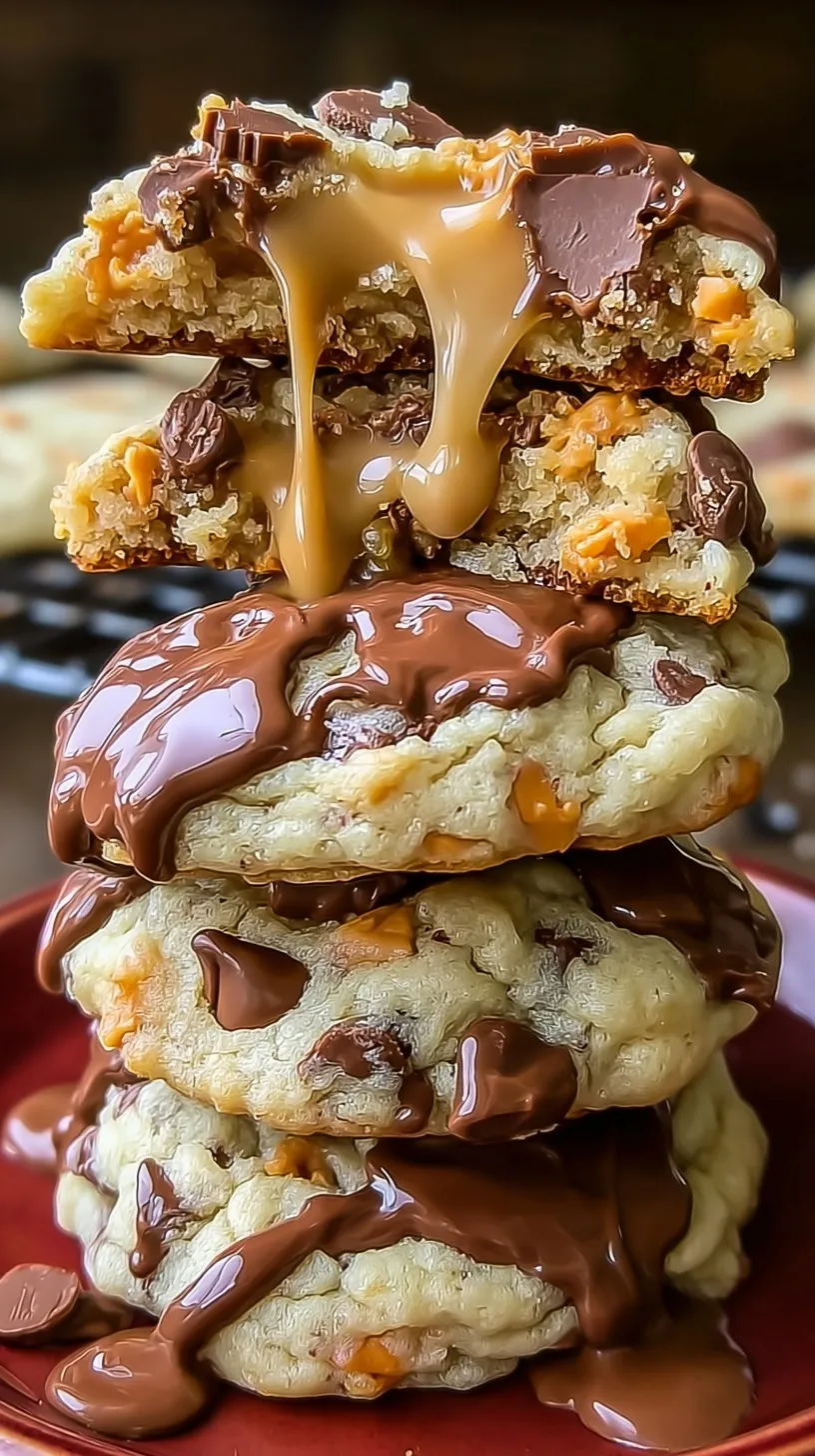 A stack of chocolate peanut butter cookies with a visible creamy cheesecake center and chopped peanut butter cups.