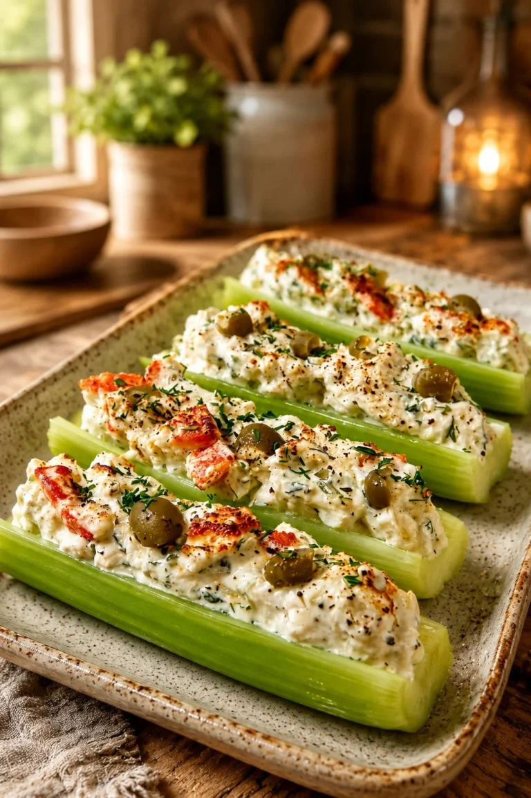 Delicious stuffed celery sticks filled with creamy cheese and herbs